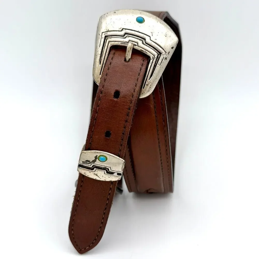 Nocona Western Leather Belt Brown Silver Buckle 36 Cowboy Vintage 90s